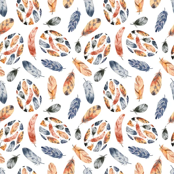 Pattern Bright Cute Feathers Watercolor Style White Background Happy Easter — Stock Photo, Image