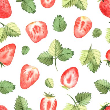 Çilek ve yaprakların kusursuz deseni suluboya tarzında. Beyaz arkaplanda