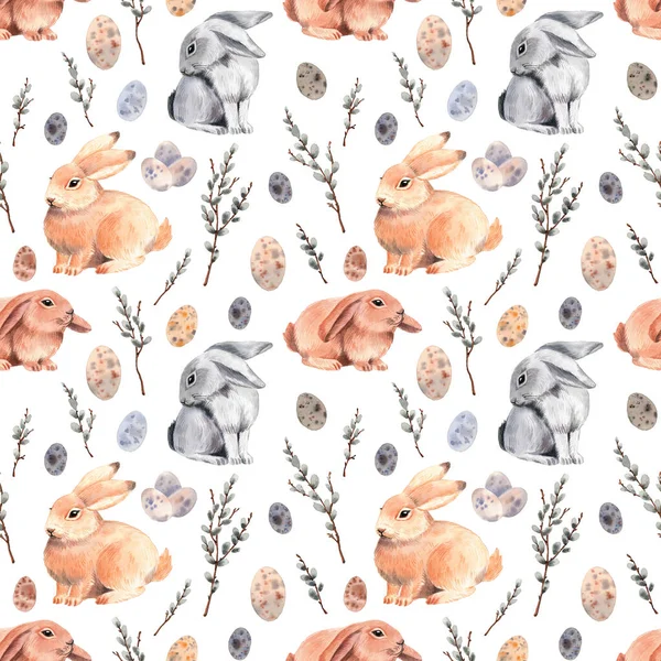Watercolor pattern with Easter bunnies. Happy Easter. On a white background