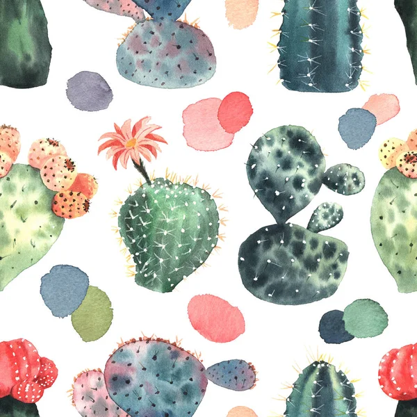 Patrón Sin Costuras Con Cactus Acuarela Manchas Acuarela Colores Sobre — Foto de Stock