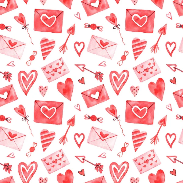 Watercolor Seamless Pattern Elements Valentine Day White Background Hearts Sweets — Stock Photo, Image
