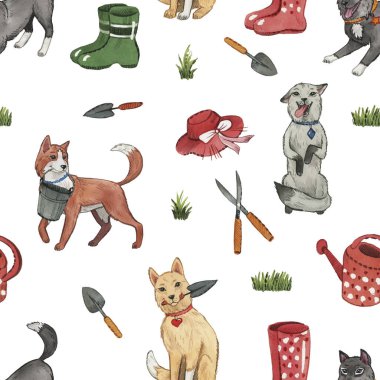 Suluboya köpekli ve bahçe elementli desen. Bahçe aletleri. Suluboya çizimi. Güzel köpekler. Beyaz arkaplanda