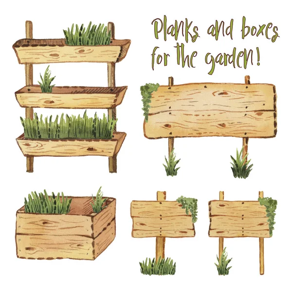 Set Met Aquarelhouten Planken Een Lade Houten Bloembed Aquarelillustratie Geïsoleerd — Stockfoto