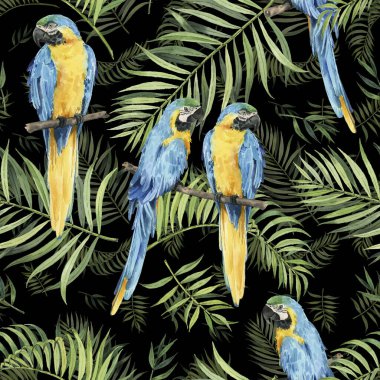Güzel suluboya papağanlar ve tropikal yapraklı desenler. Tropik bölgeler. Gerçekçi tropik yapraklar. Tropik kuşlar. Siyah arkaplanda
