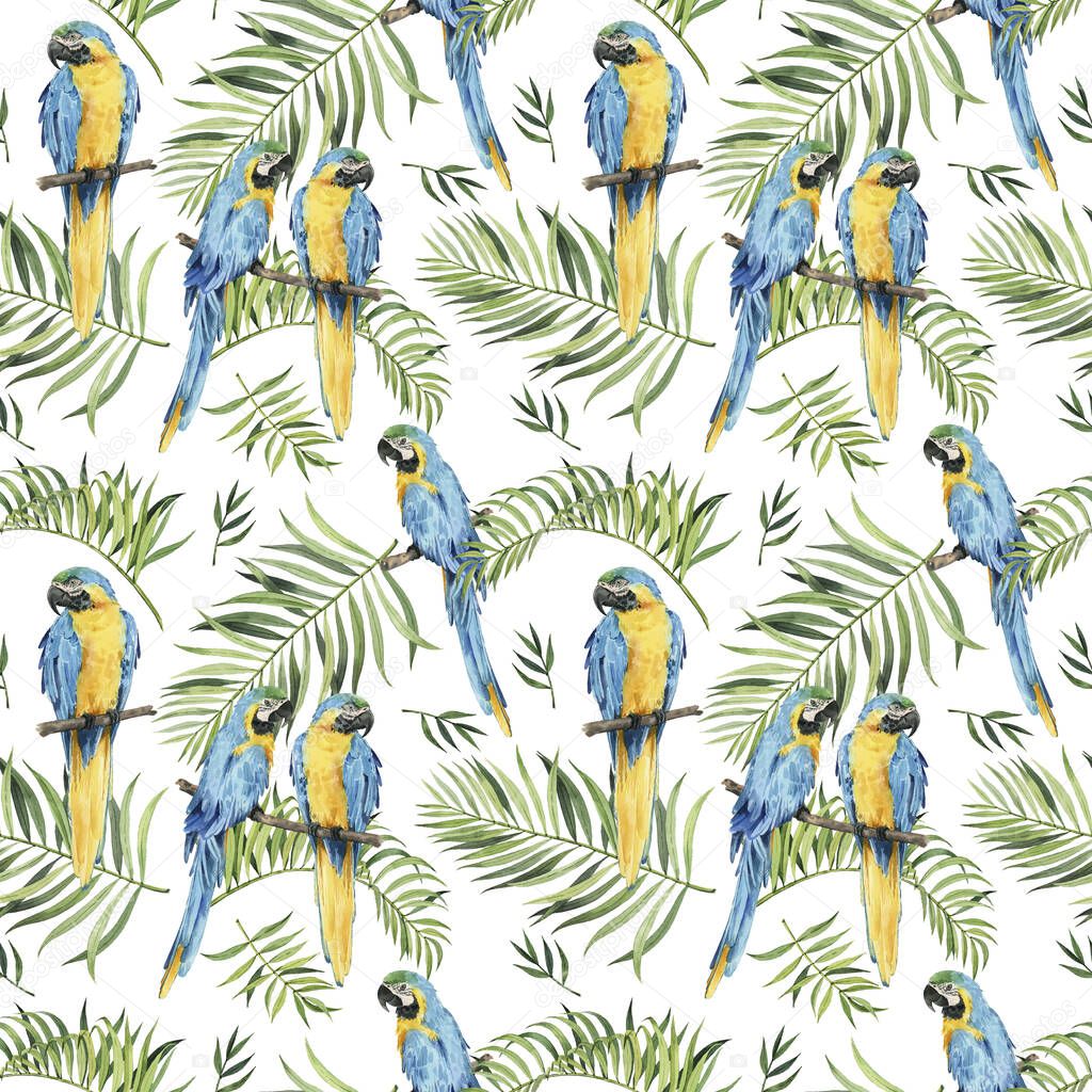 Pattern with beautiful watercolor parrots and tropical leaves. Tropics. Realistic tropical leaves. Tropical birds.  On white background