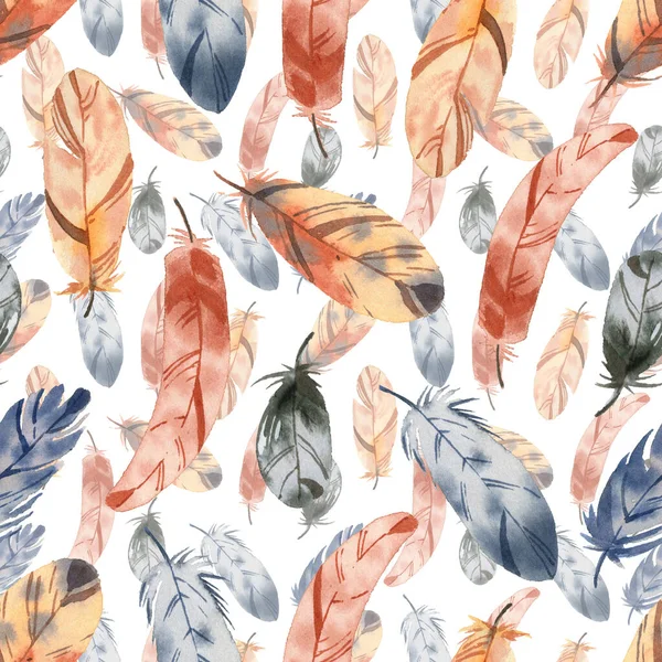 Pattern Bright Cute Feathers Watercolor Style White Background — Stock Photo, Image