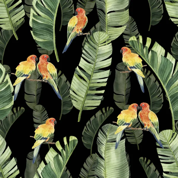 Pattern Beautiful Watercolor Parrots Tropical Leaves Tropics Realistic Tropical Leaves — Stock Photo, Image