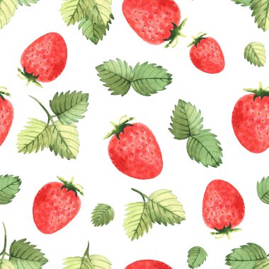 Çilek ve yaprakların kusursuz deseni suluboya tarzında. Beyaz arkaplanda