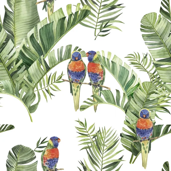 Pattern Beautiful Watercolor Parrots Tropical Leaves Tropics Realistic Tropical Leaves — Stock Photo, Image