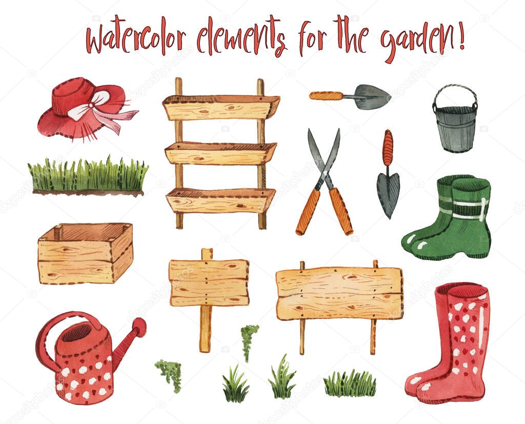 Set with watercolor garden elements. Gardening Tools. Watercolor illustration. Isolated on white background