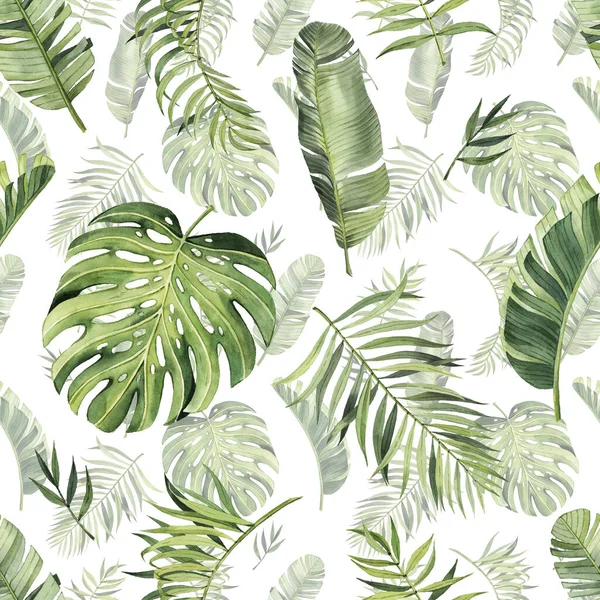 Pattern with beautiful watercolor tropical leaves. Tropics. Realistic tropical leaves.  On white background