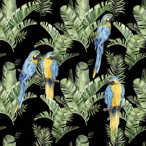 Vzor Krásnými Akvarelovými Papoušky Tropickými Listy Tropics Realistické Tropické Listí — Stock fotografie
