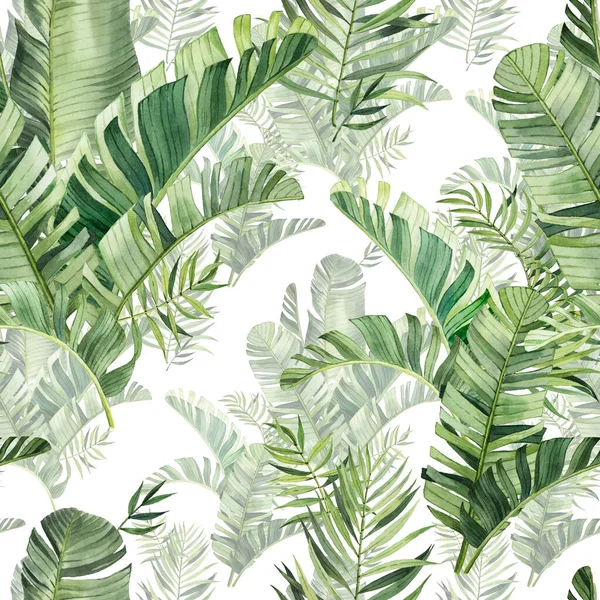 Пластырь Красивыми Акварельными Листьями Тропики Реалистичные Тропические Листья Белом Фоне — стоковое фото