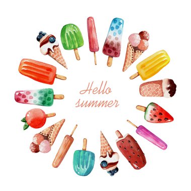 Suluboya şeklinde renkli dondurmayla çerçevelenmiş. Beyaz bir arkaplanda