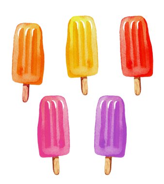 Suluboya tarzında bir yaz dondurması. Beyaz arkaplanda 6 izole element