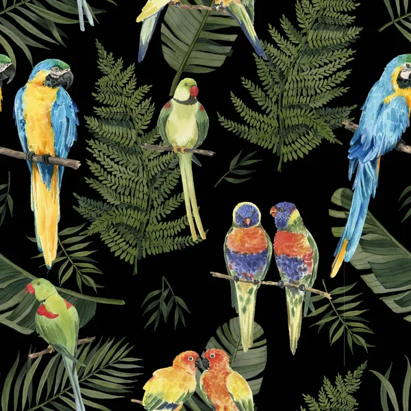 Pattern Beautiful Watercolor Parrots Tropical Leaves Tropics Realistic Tropical Leaves — Stock Photo, Image