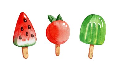 Suluboya tarzında bir yaz dondurması. Beyaz arkaplanda 6 izole element