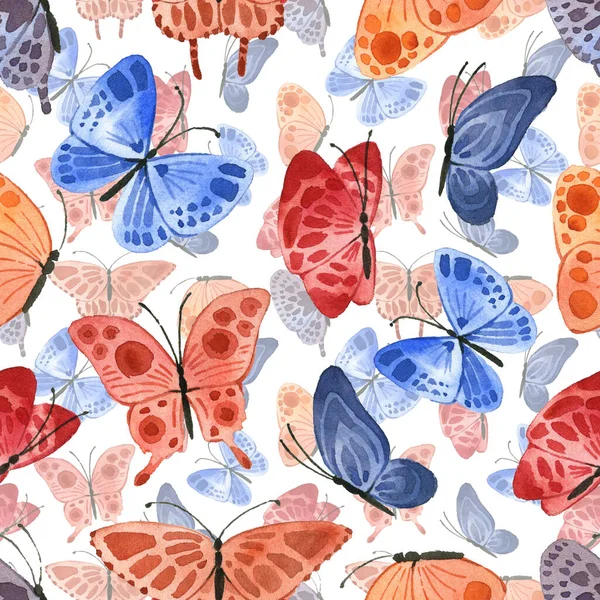 Pattern Bright Cute Butterflies Watercolor Style White Background — Stock Photo, Image