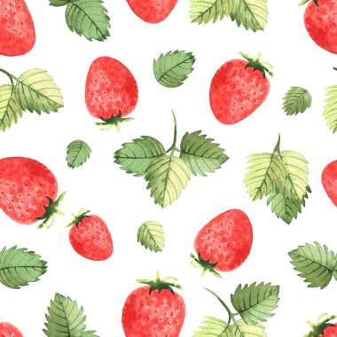 Çilek ve yaprakların kusursuz deseni suluboya tarzında. Beyaz arkaplanda