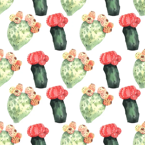 Seamless Pattern Watercolor Cactuses Colored Watercolor Stains White Background — Stock Photo, Image