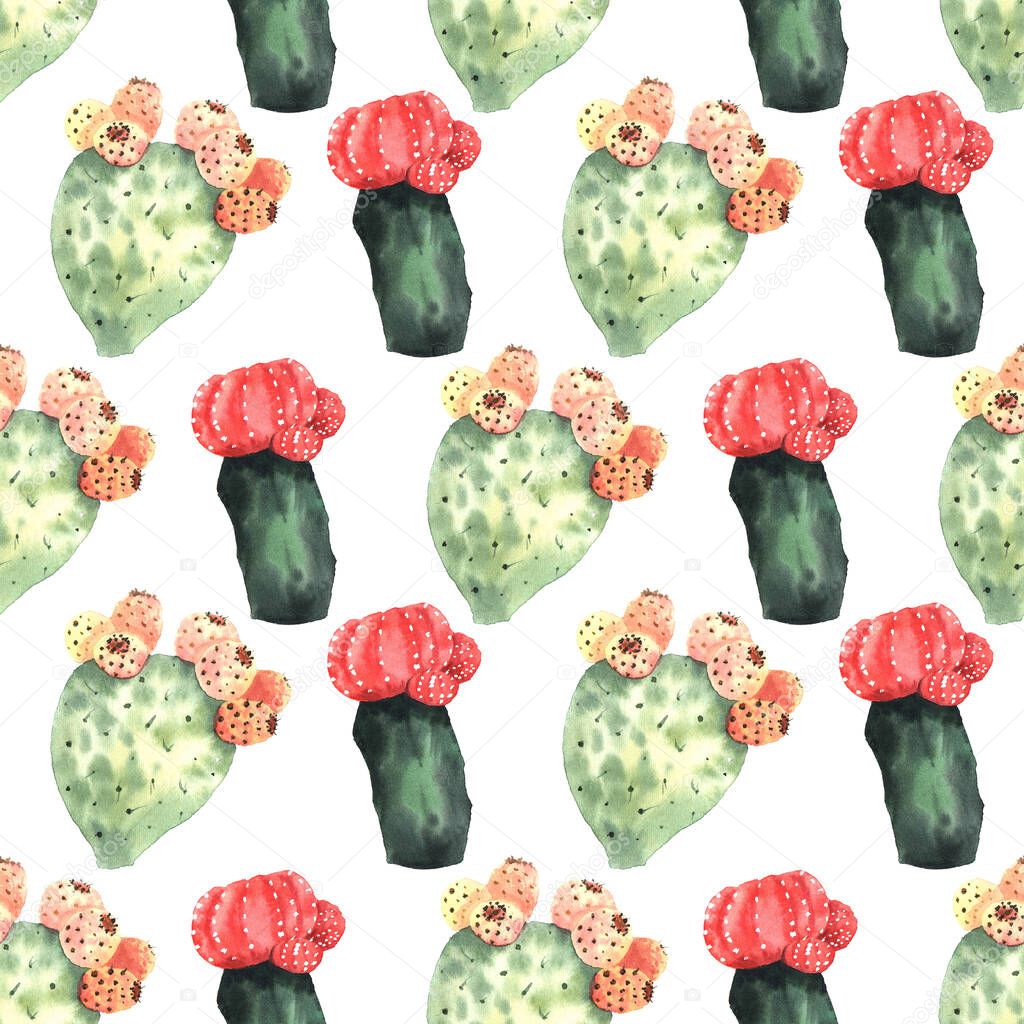Seamless pattern with watercolor cactuses and colored watercolor stains. On a white background
