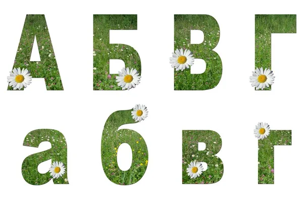 Collage: set of uppercase and lowercase letters of the Russian alphabet from grass and flowers on a white background. It\'s not a word but just the letters: a, b, v, g. Translation is not