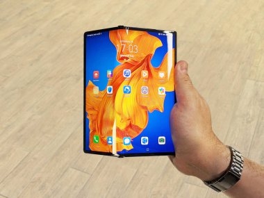 Huawei announced a new and improved version of the folding phone Huawei Mate Xs in Barcelona. Barcelona / Spain - 2020 February 24