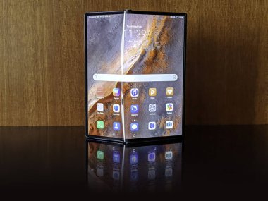 Huawei announced a new and improved version of the folding phone Huawei Mate Xs in Barcelona. Barcelona / Spain - 2020 February 24