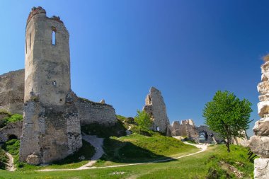 Tarihsel şato Cachtice Slovakya koltuğu sanguinary Elizabeth Erzsebet Bathory. Karpatlar 'ın gizemli kalesi. Kontes Elizabeth Bathory de Ecsed. Slovakya 'daki Cachtice Kalesi' nde ana kule.