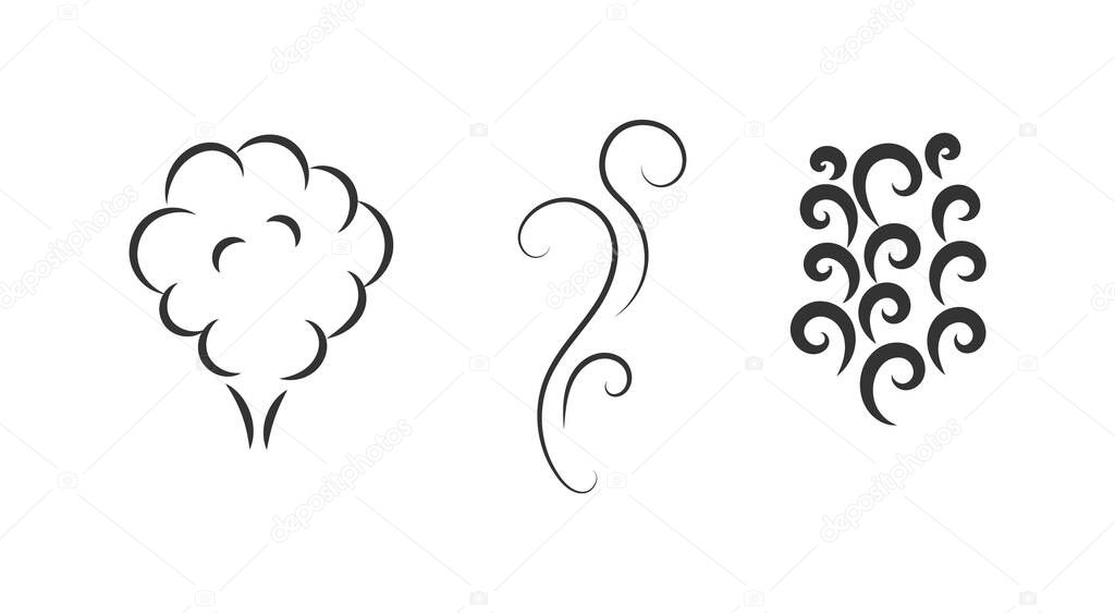 Fragrances evaporate icons. Smells line icon set, hot aroma, smells or fumes. Coffee cup icon. Symbols of glasses of hot drinks on white background. Vector illustration doodle hand drawn, EPS 10.