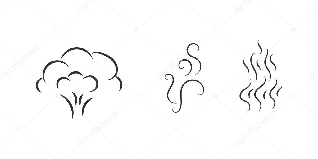 Fragrances evaporate icons. Smells line icon set, hot aroma, smells or fumes. Coffee cup icon. Symbols of glasses of hot drinks on white background. Vector illustration doodle hand drawn, EPS 10.