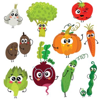 Karikatür komik sebze karakterler: brokoli, domates, sarımsak,