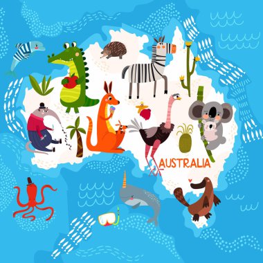 Çizgi film Dünya Haritası ile geleneksel hayvan. A resimli göster