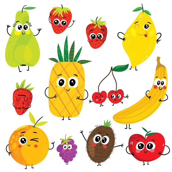 Cartoni animati personaggi divertenti frutta: mela, pera, banana, fragola — Vettoriale Stock