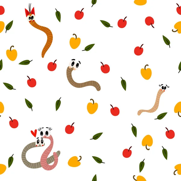 Χαριτωμένο απρόσκοπτη μοτίβο με τα σκουλήκια και τα μήλα. Ατελείωτες άνοιξη backg — Διανυσματικό Αρχείο