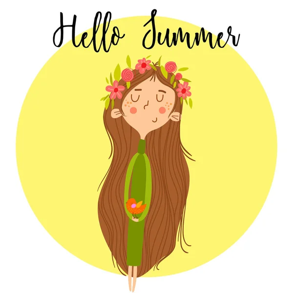 Hello Summer дизайн с мультяшными девочкой и птицей. Симпатичное лето — стоковый вектор