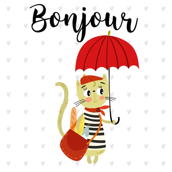 Bonjour Paris.Vector hand dras illustration med söt katt-sto — Stock vektor