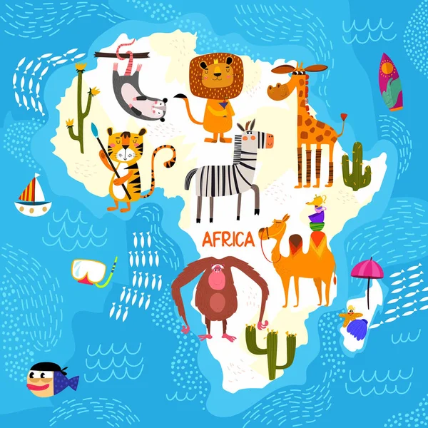 Γελοιογραφία Παγκόσμιος Χάρτης με τα παραδοσιακά ζώα. Εικονογραφημένος Χάρτης του Α — Διανυσματικό Αρχείο
