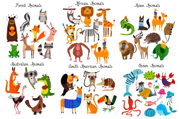 Gran colección de animales de dibujos animados lindos de diferentes continentes — Vector de stock