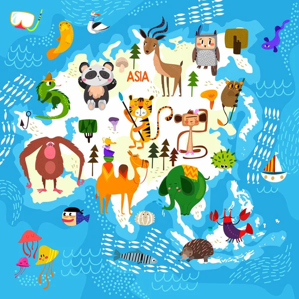 Cartoon mapa do mundo com animais tradicionais. Mapa ilustrado de A —  Vetores de Stock