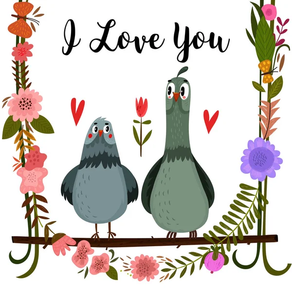 Couple of cute birds. Happy Valentines day card with cartoon pig — Stock Vector