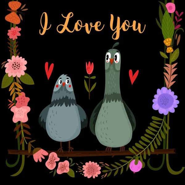 Couple of cute birds. Happy Valentines day card with cartoon pig — Stock Vector