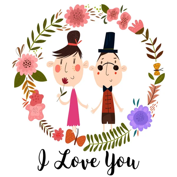 Happy Valentines day card with cute couple in love and floral wr — Stock Vector