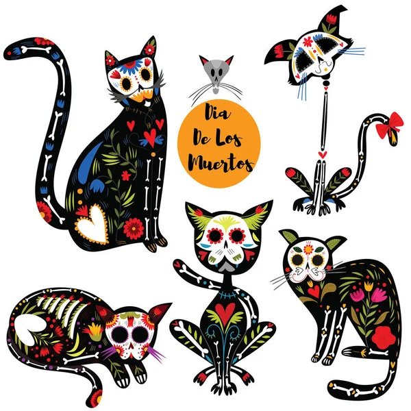 밝은 설탕 두개골 검은 고양이 함께 멕시코 스타일에서 설정. 세트 f — 스톡 벡터