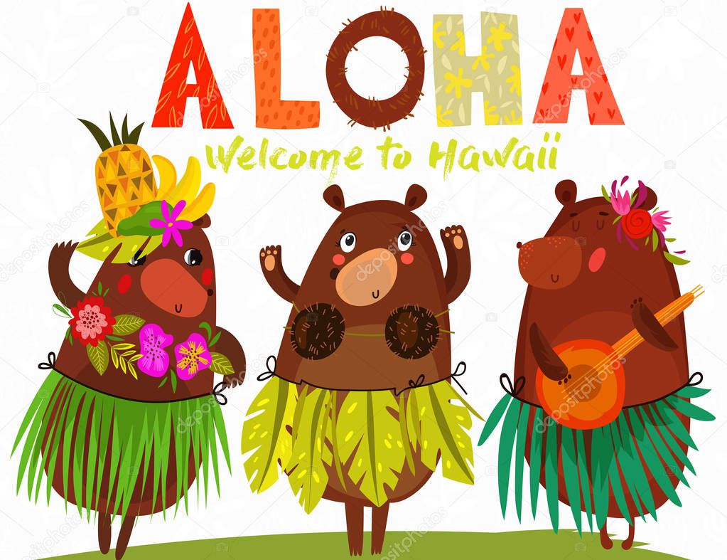 Vector illustration with cute bears and flowers. ALOHA. Hawaiian