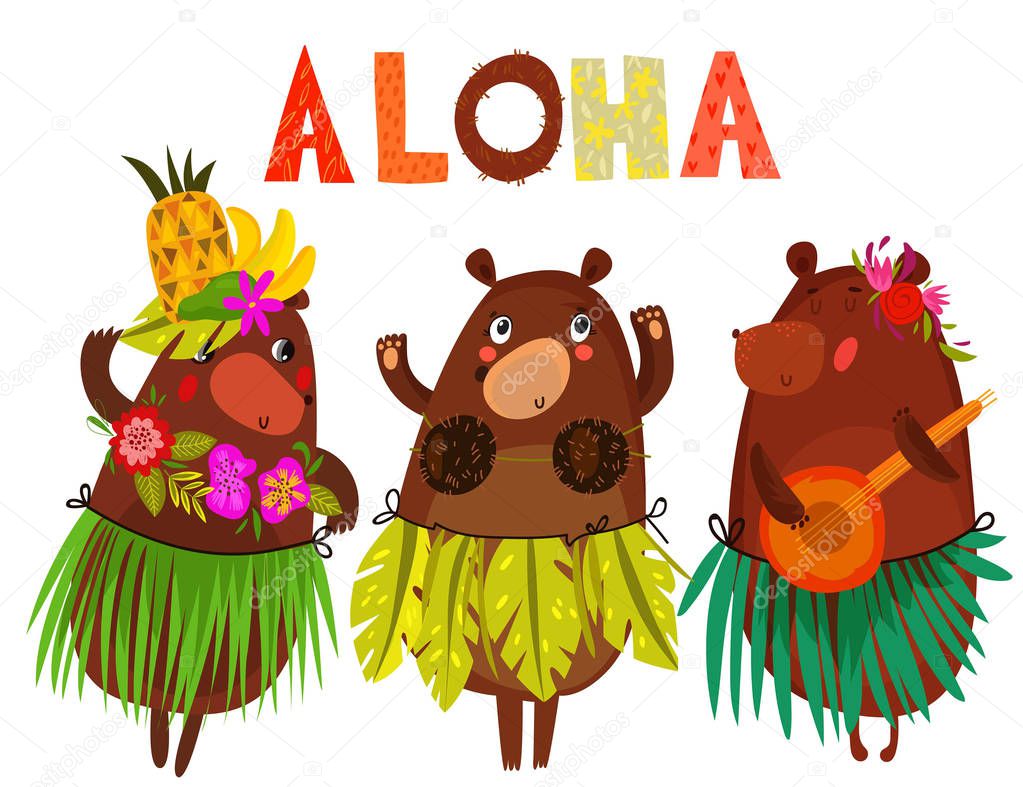 Vector illustration with cute bears and flowers. ALOHA. Hawaiian