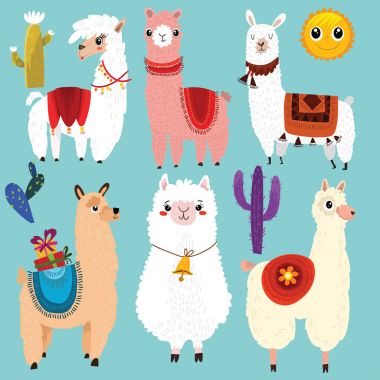 Vector set of cute Llamas.6 cartoon characters.  clipart