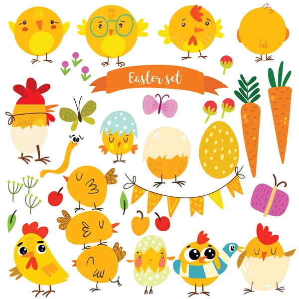 Happy Easter Vector Set Cute Chickens Bunnies Eggs Yellow Colors — Stock Vector
