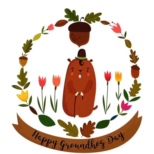Conception Happy Groundhog Day avec un vecteur de stock de marmotte mignon — Image vectorielle