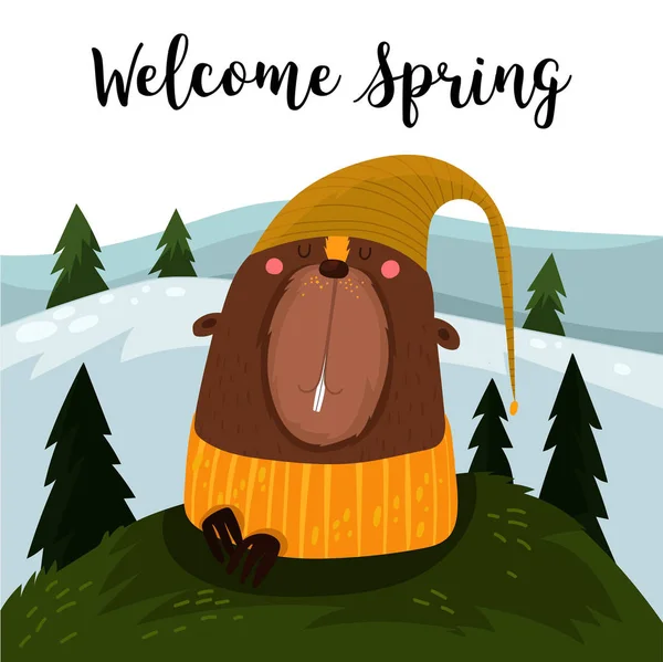 Bienvenido diseño spring.Happy Día de la Marmota con lindo groundhog- s — Vector de stock